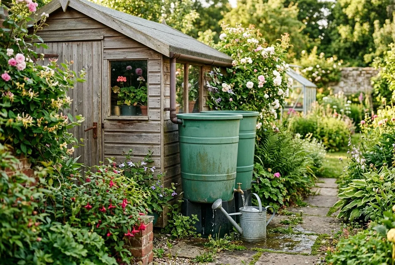 Rainwater butts beside a garden shed feeding a watering can in a UK back garden during summer