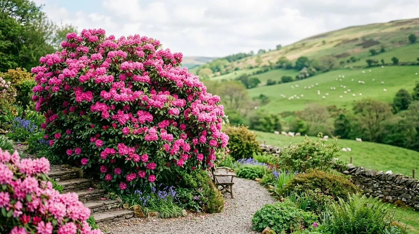 A healthy mature rhododendron in full pink flower in a Welsh valley garden in late spring