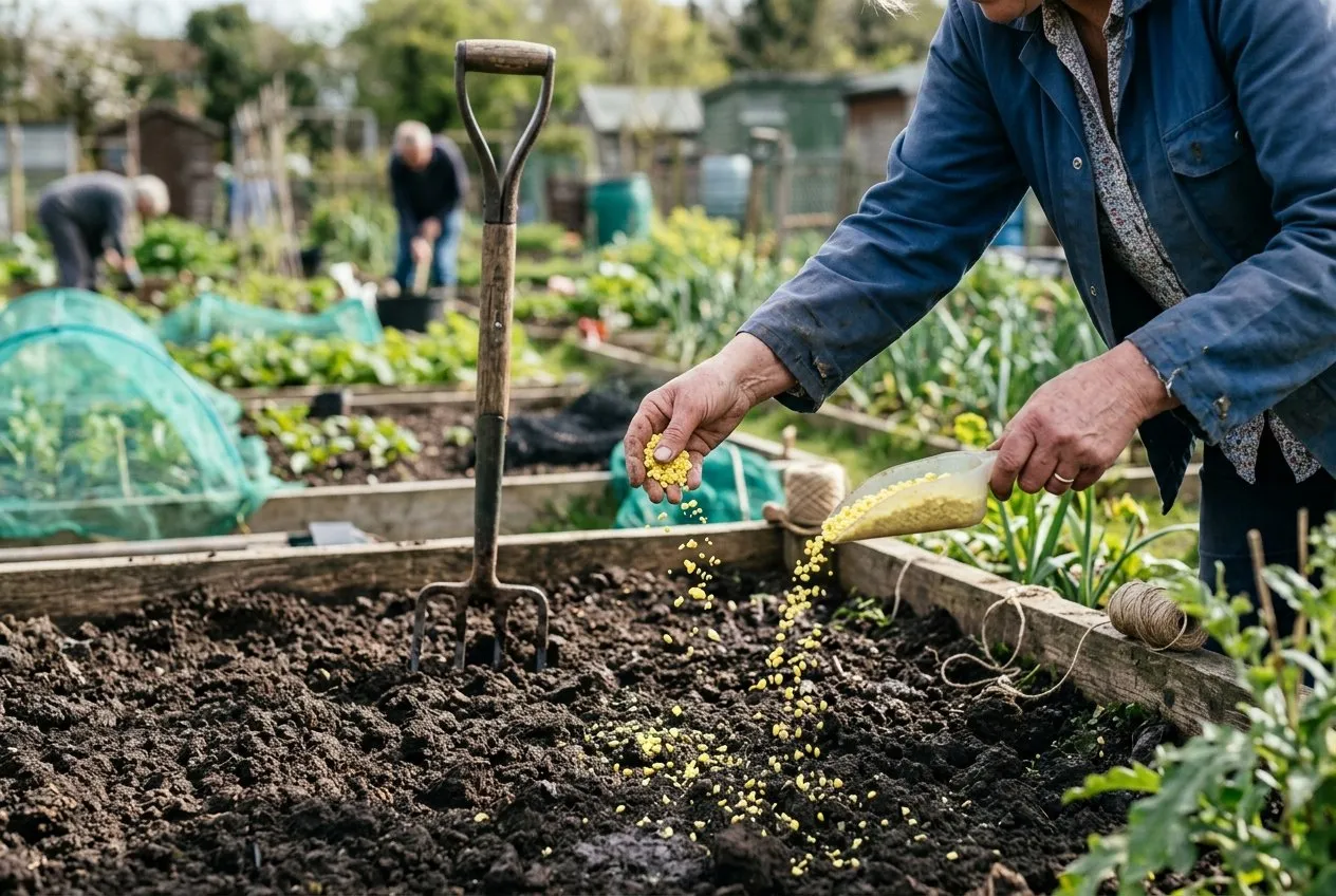 Yellow elemental sulphur chips being scattered by hand over a dark garden bed before forking in, in an allotment setting