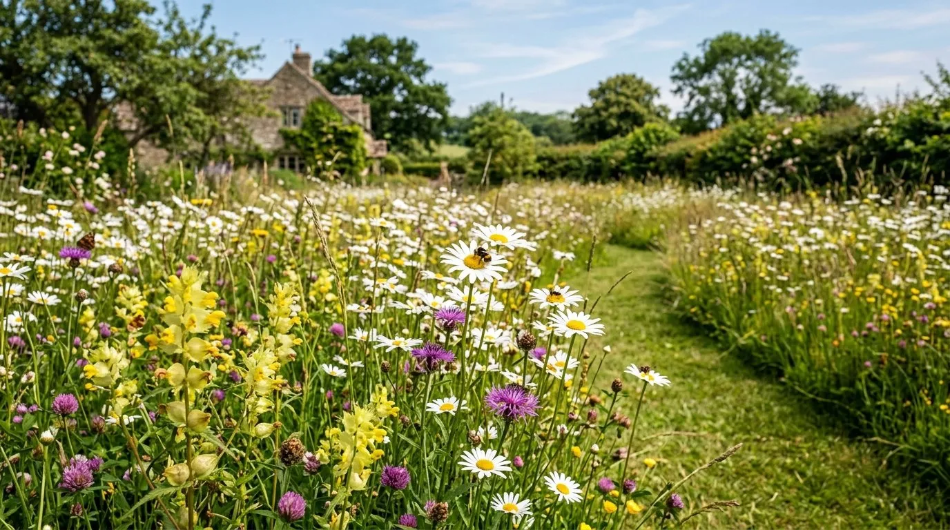 Mature UK wildflower meadow in full June flower with ox-eye daisies, yellow rattle, knapweed, and red clover replacing what was once a fertilised garden lawn