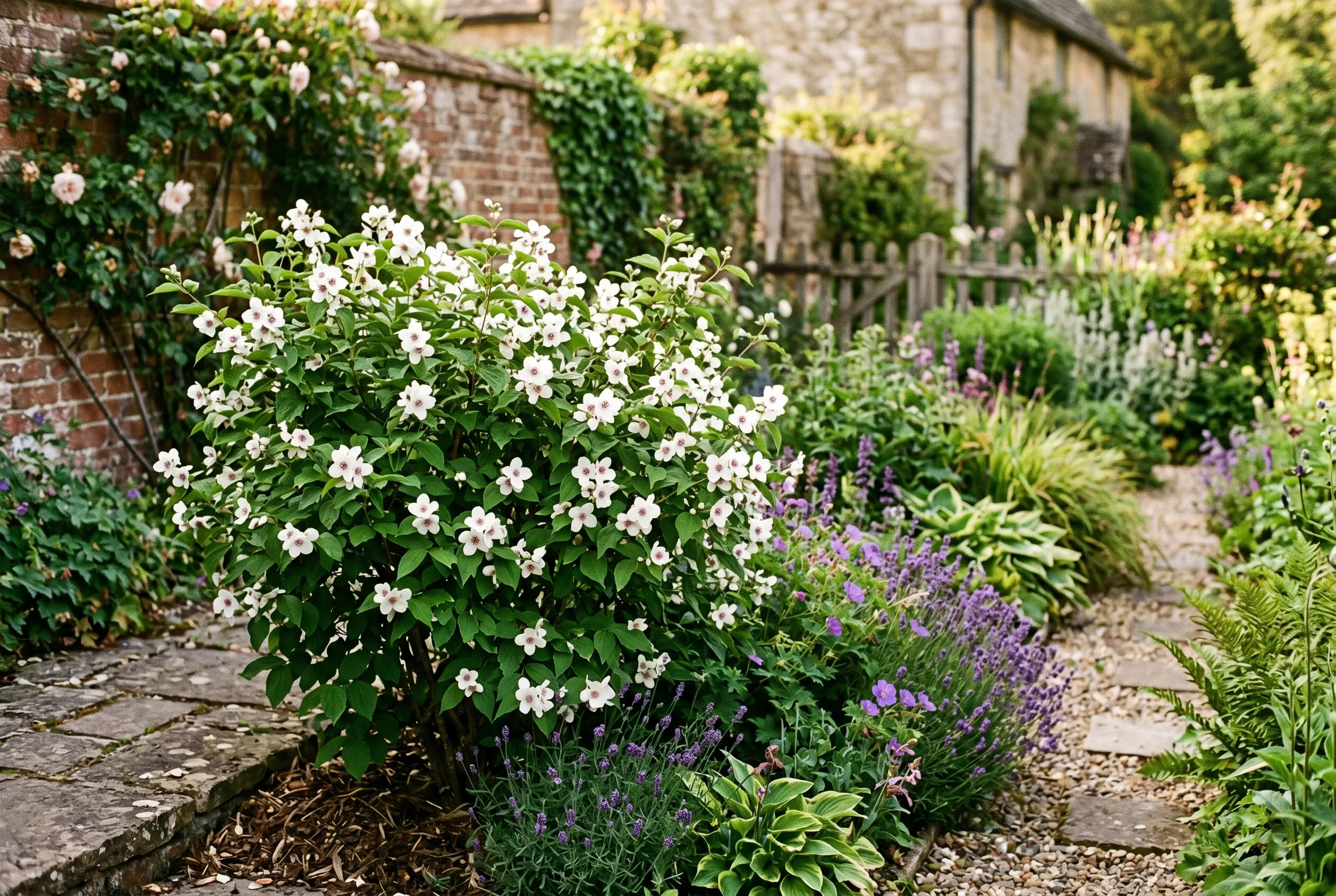 A healthy established flowering shrub thriving in its new position in a UK garden border the following season