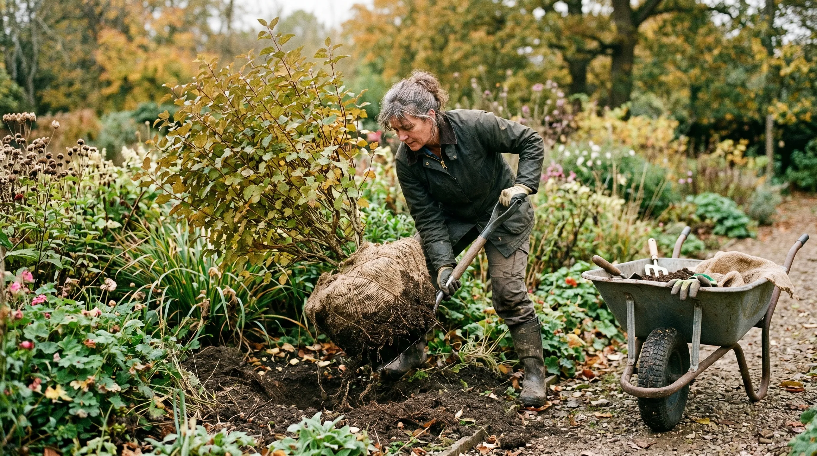 Gardener lifting an established shrub with a wrapped rootball from a UK border in autumn