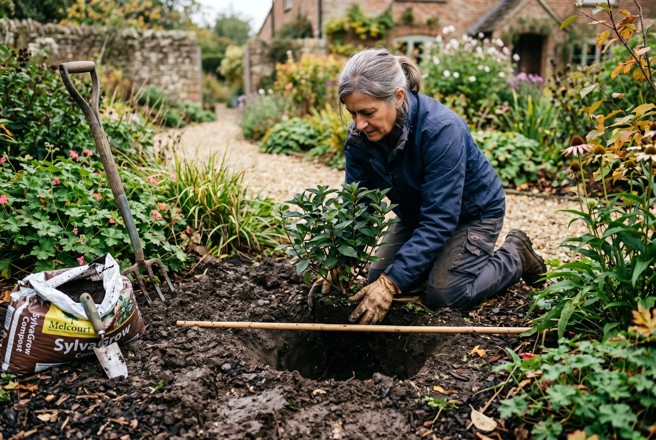 A gardener lowering a shrub into a freshly dug planting hole, checking the depth with a cane laid across the hole