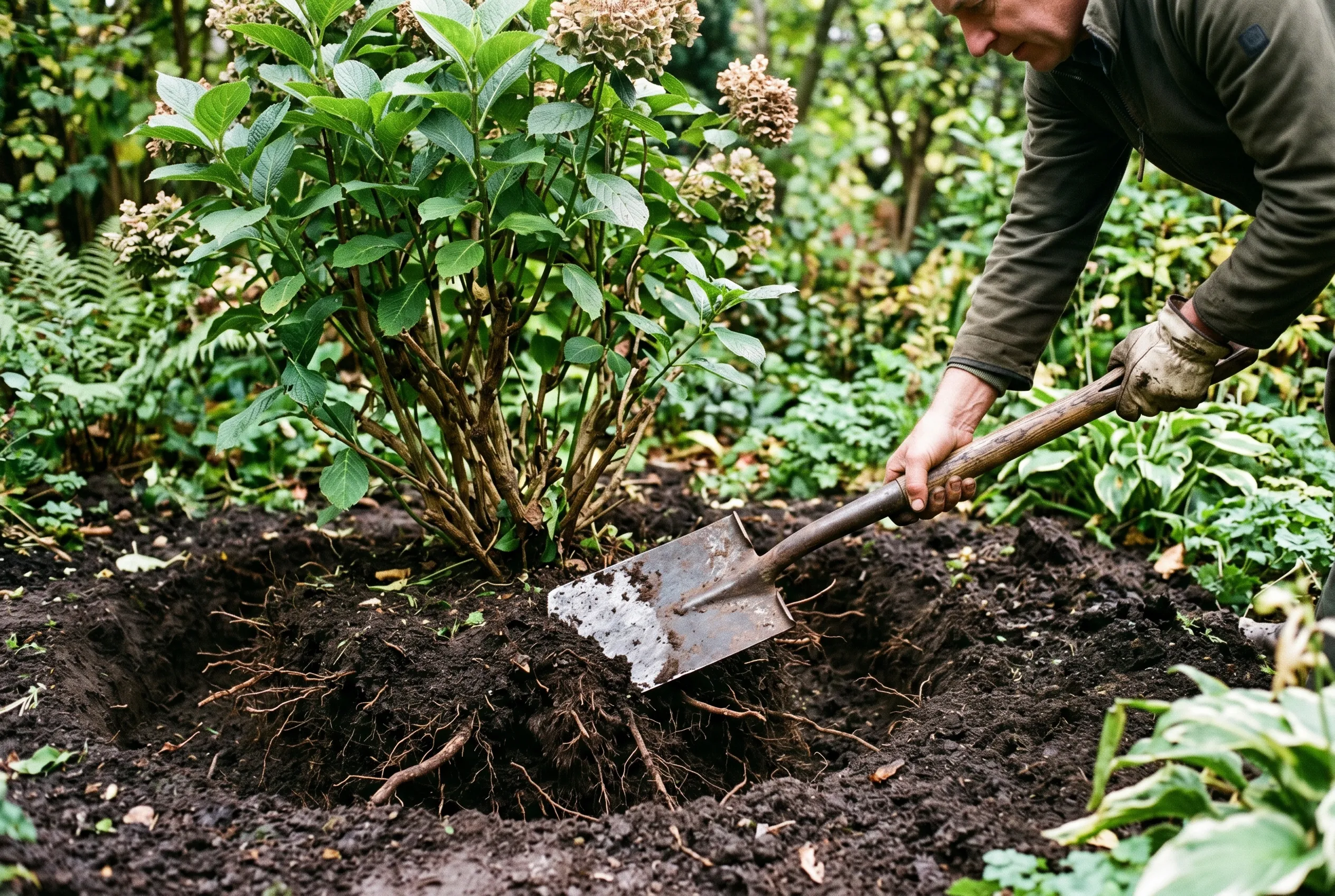 A spade cutting a circular trench around the base of an established shrub to lift its rootball
