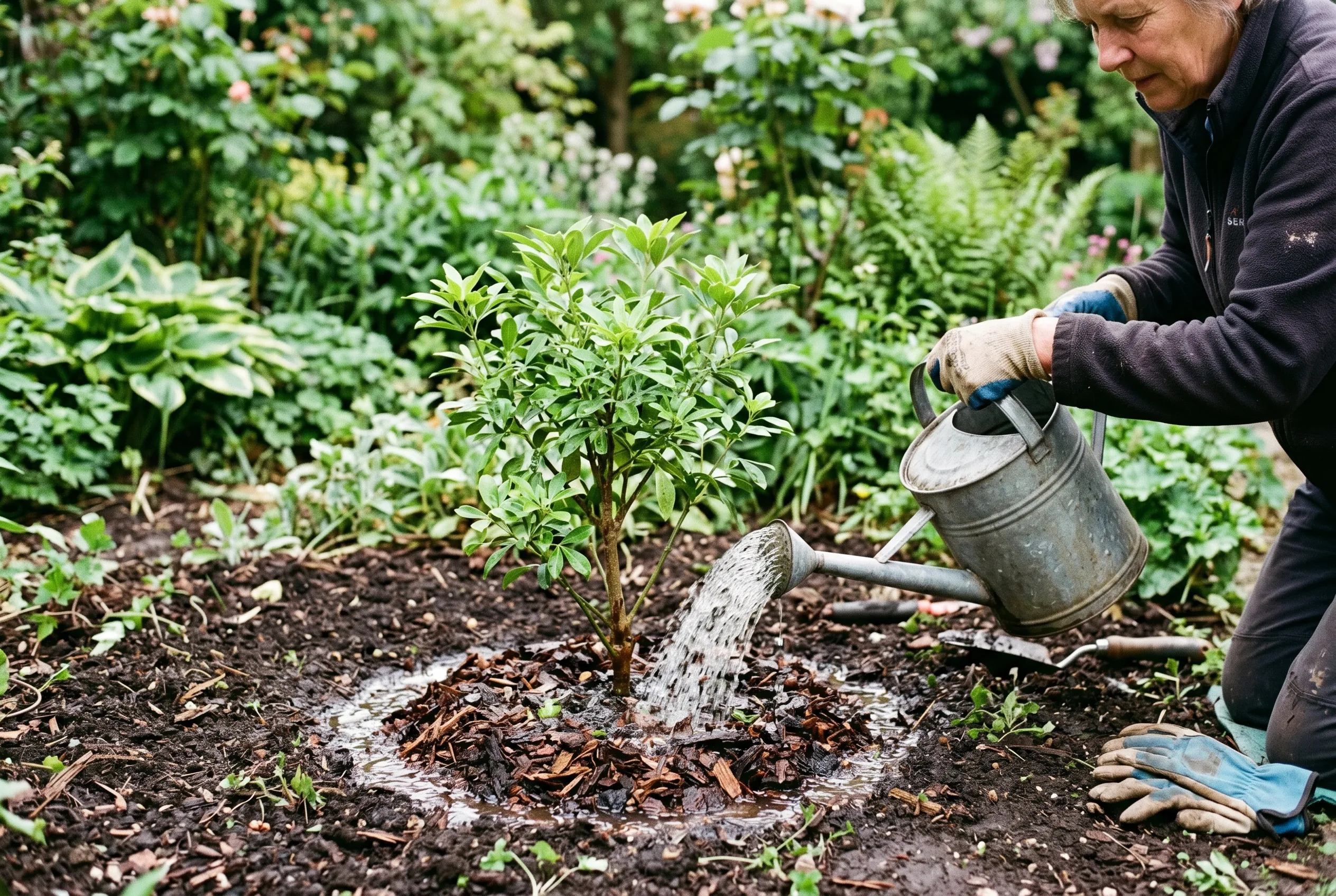 A newly transplanted shrub being watered in heavily from a watering can at its base over mulched soil