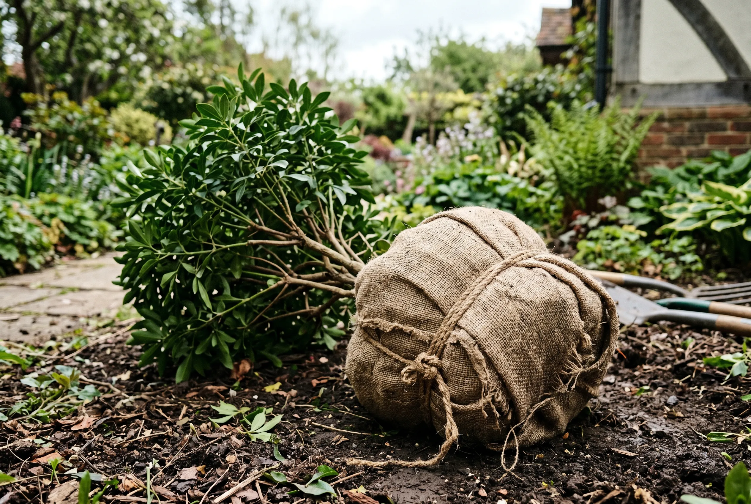 An established shrub with its soil rootball wrapped tightly in hessian sacking tied with twine, ready to move