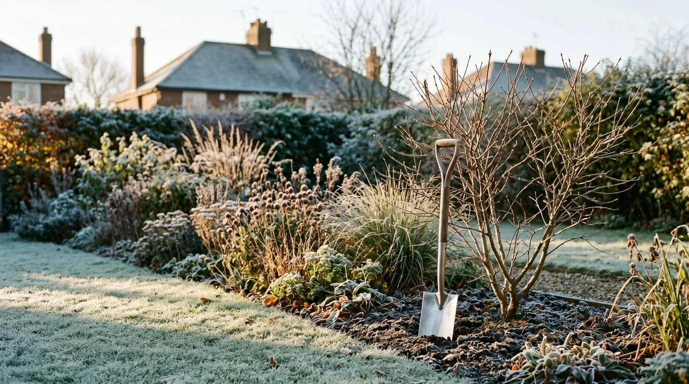 Frosted October border in a mature suburban garden with a spade standing ready beside a deciduous shrub