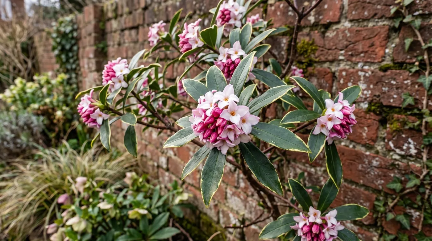 Close-up of a mature daphne shrub flowering by a house wall, a plant that should never be transplanted