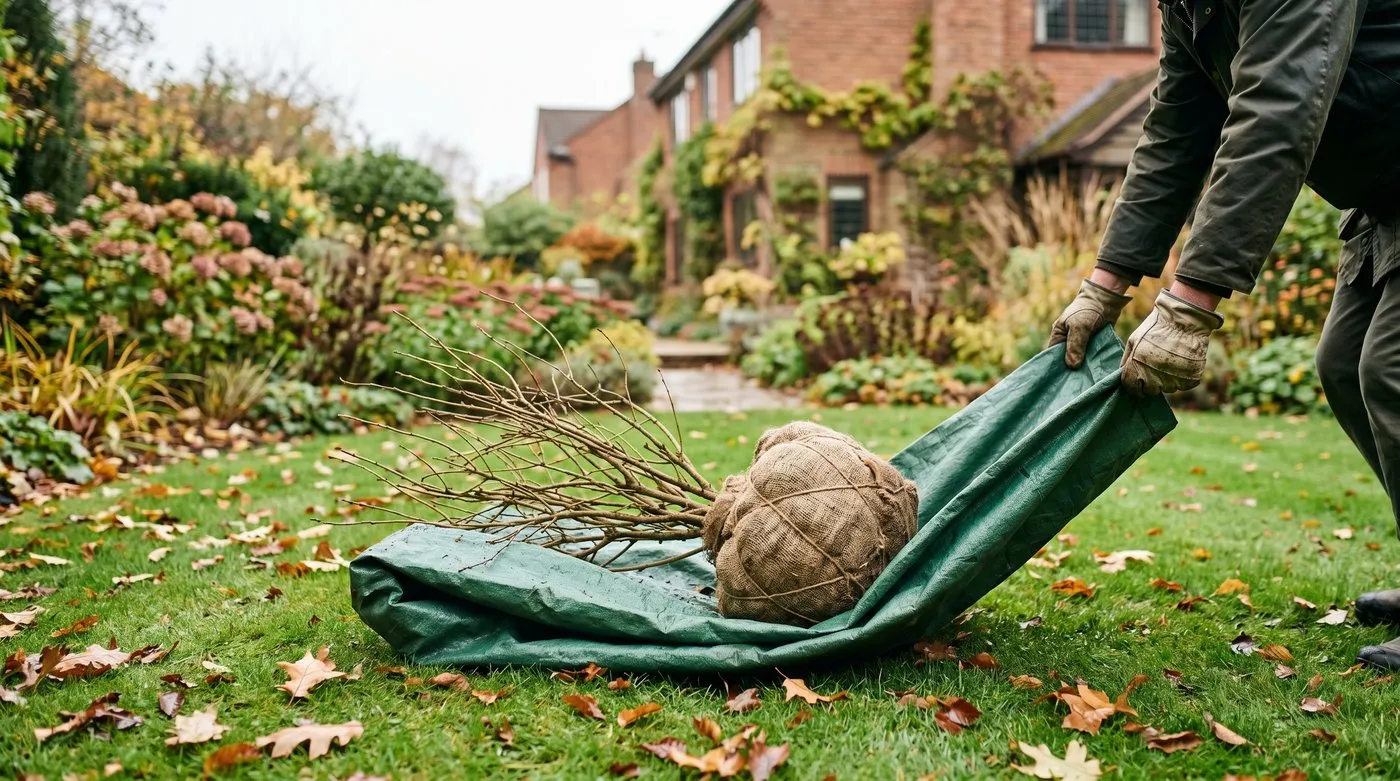 Gardener moving a shrub with a wide hessian-wrapped root ball across a mature suburban UK garden in autumn