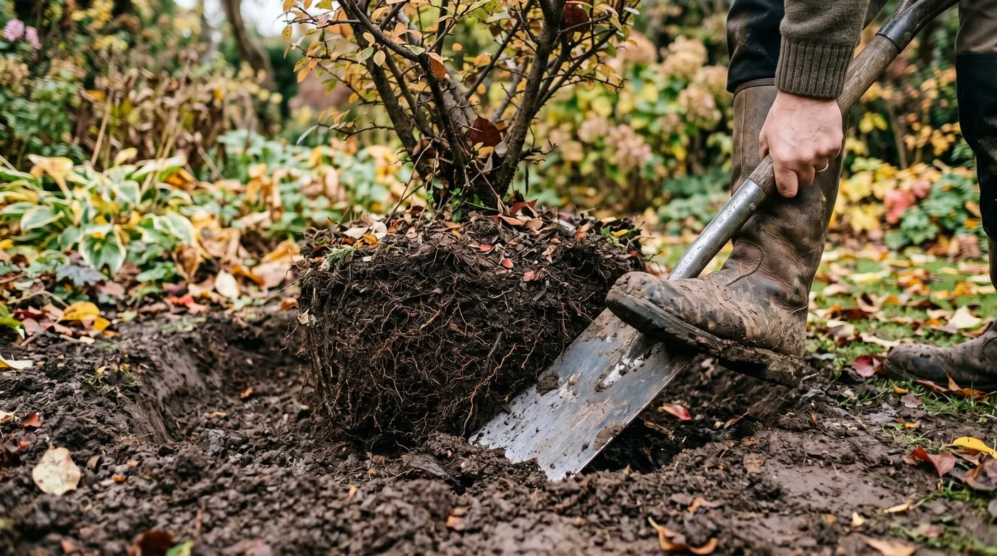 Spade undercutting the root ball of a shrub at 45 degrees with a trench dug around it