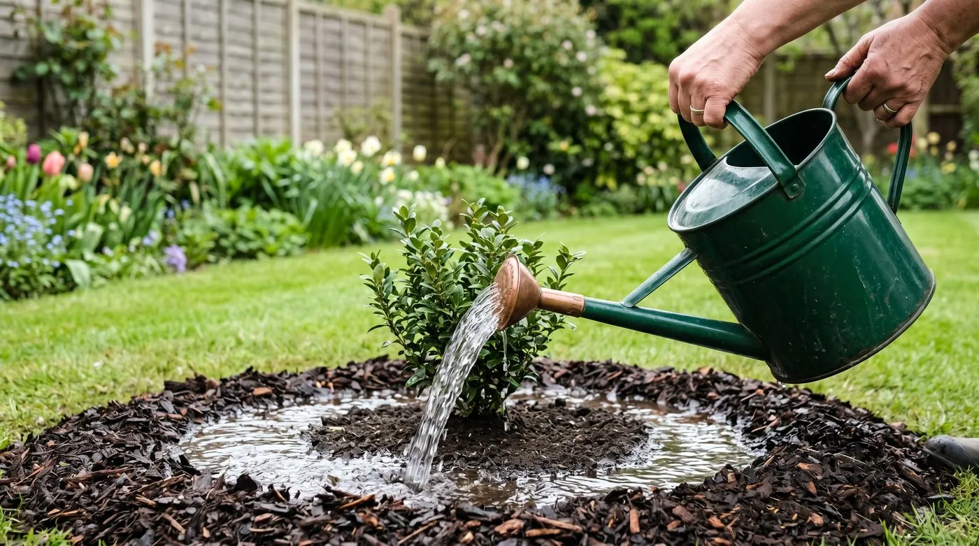 Watering can soaking a newly replanted shrub inside a raised soil basin with fresh bark mulch