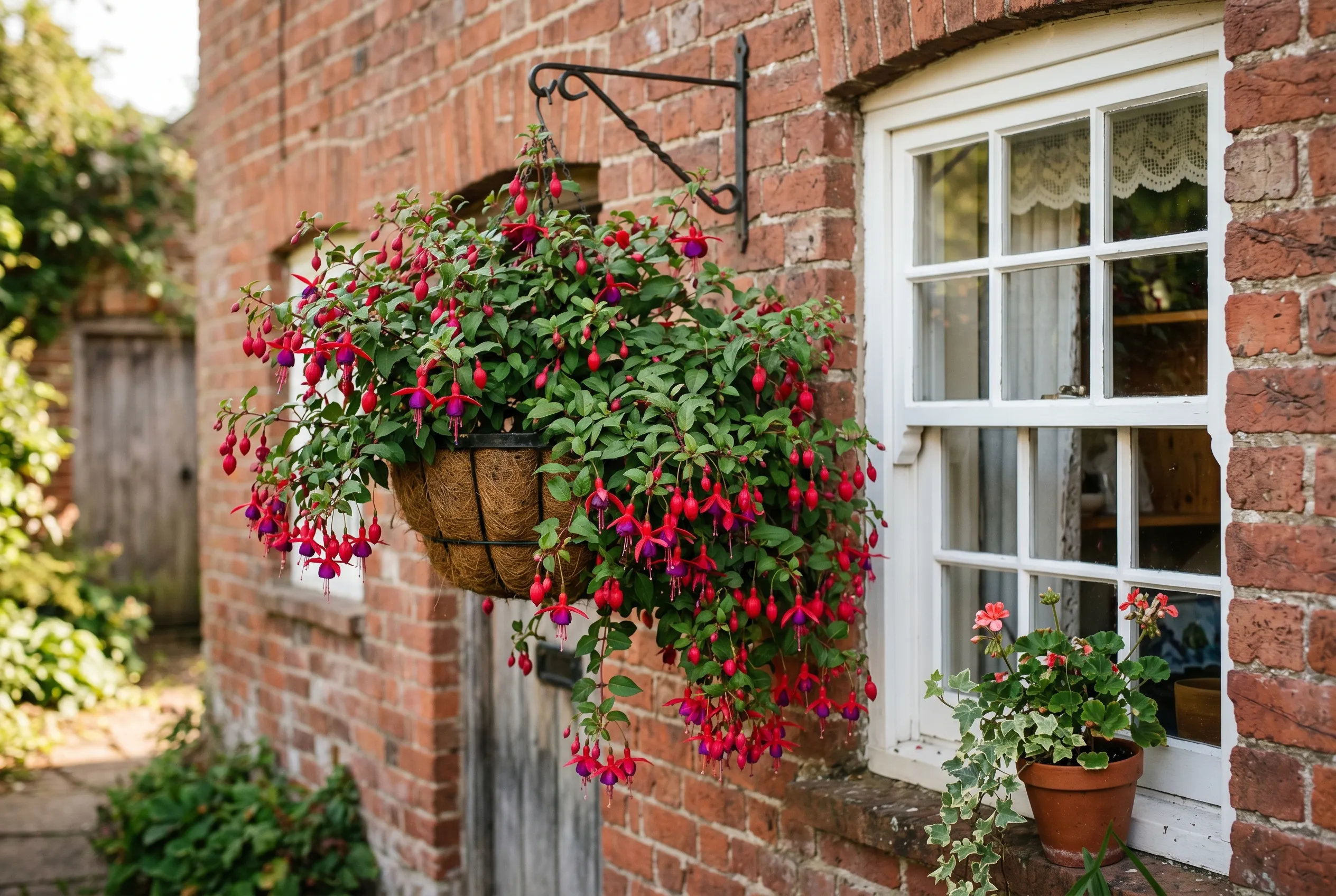A lush trailing fuchsia in full red and purple bloom cascading from a hanging basket on a UK house wall