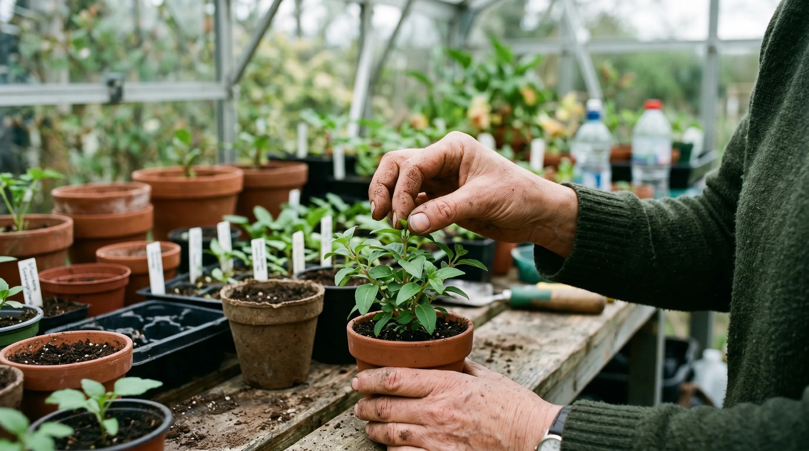 Gardener pinching out the growing tip of a young fuchsia plant on a potting bench in a UK greenhouse