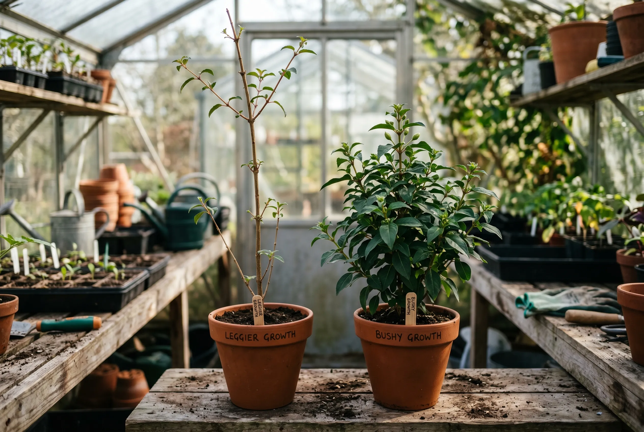 Diagnostic comparison of a leggy single-stem fuchsia beside a short bushy pinched fuchsia in pots