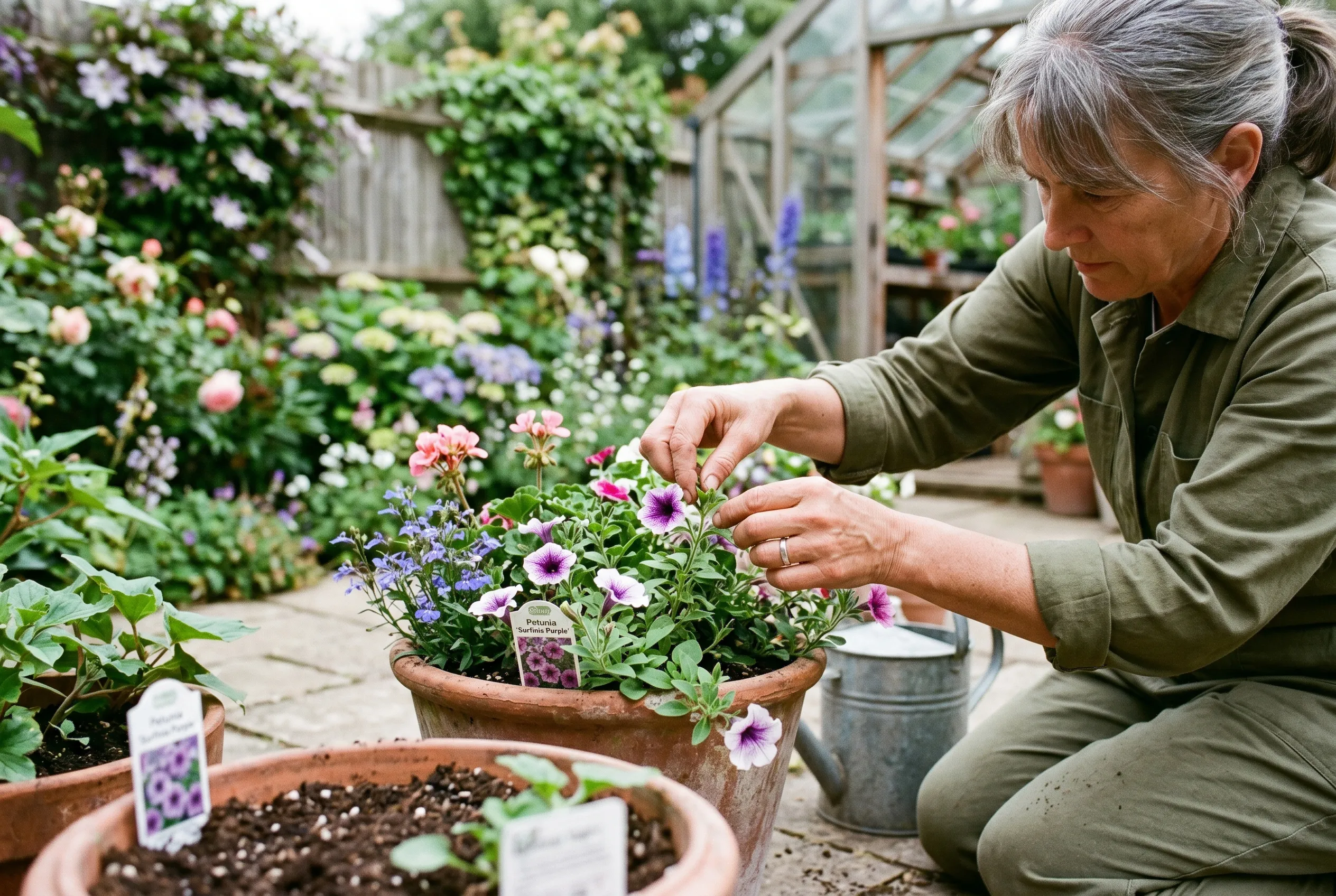 Gardener pinching the tip of a young petunia bedding plant in a patio container in a UK garden