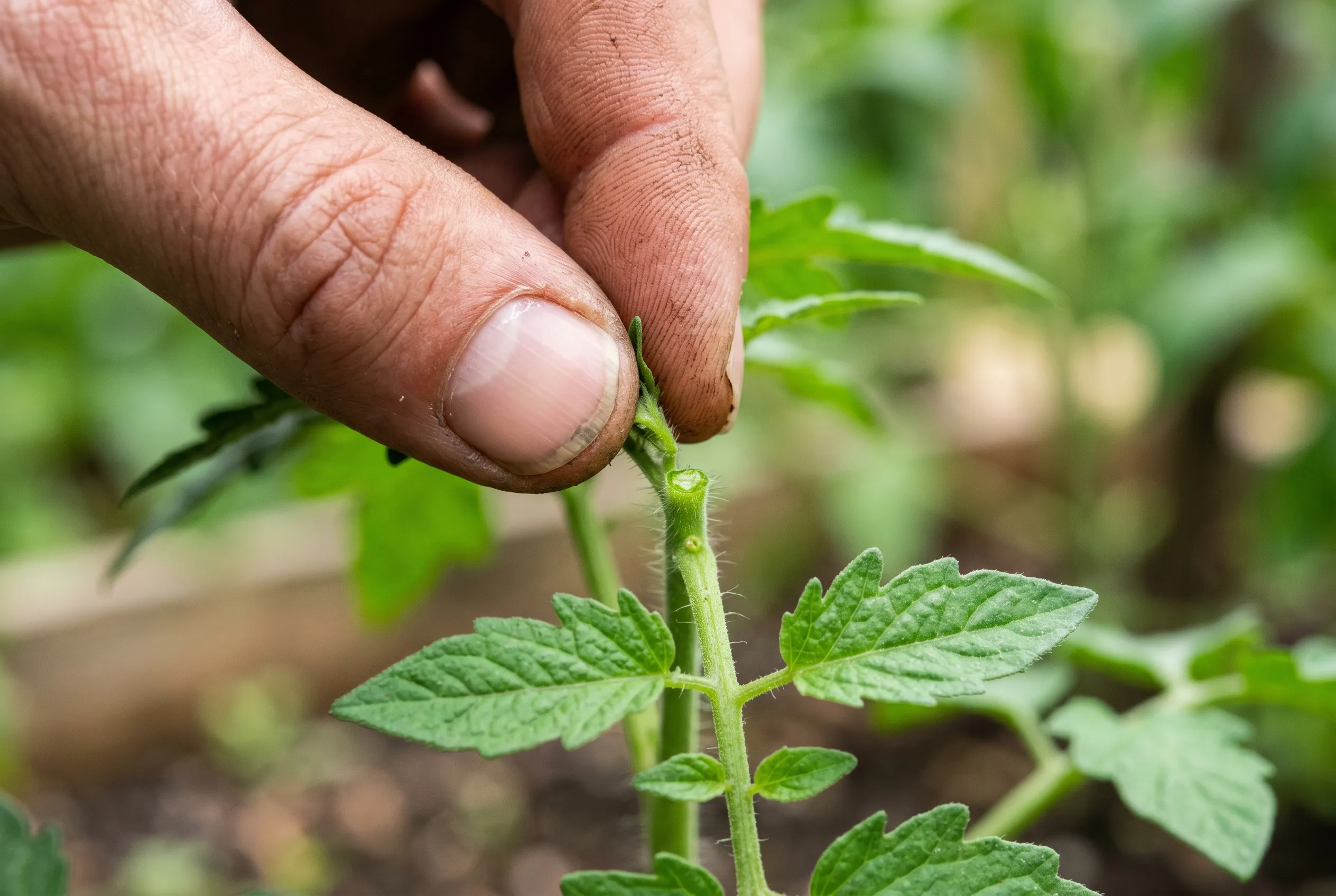 Extreme close-up of finger and thumb nipping the tender growing tip of a young plant above a pair of leaves