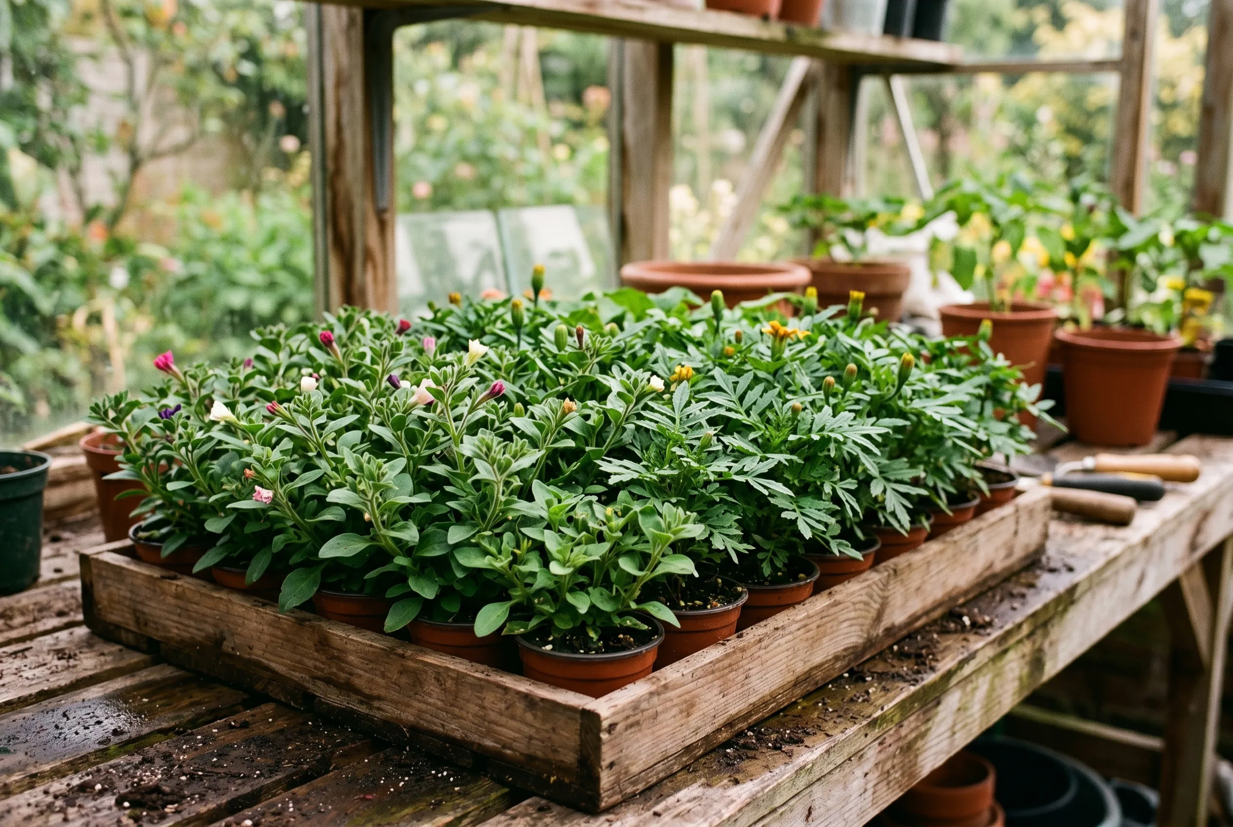 A full tray of compact bushy bedding plants such as petunias and marigolds on a UK greenhouse bench after pinching