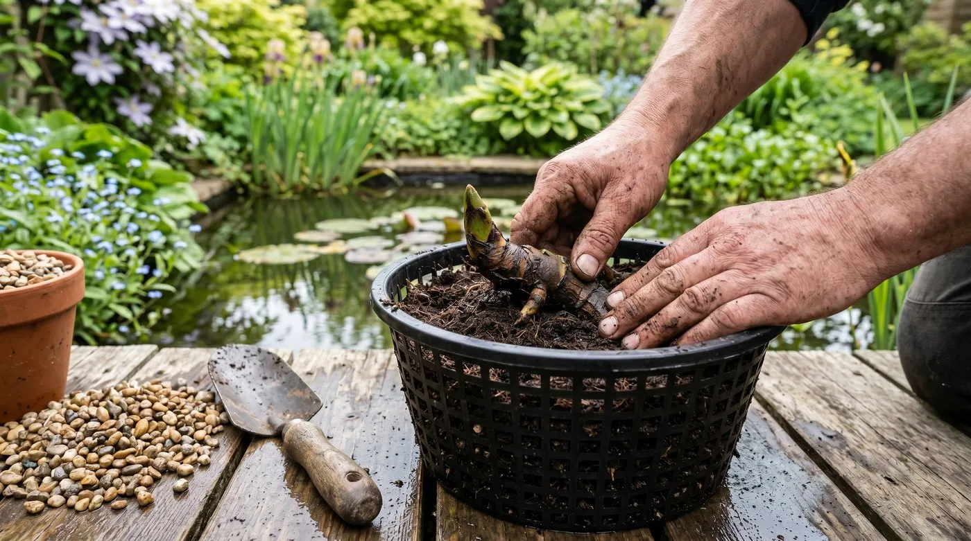 Gardener's hands setting a water lily rhizome at an angle in a lattice basket of aquatic compost