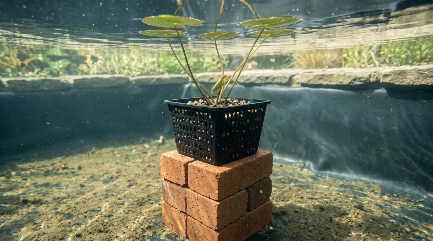 Aquatic basket standing on stacked bricks in a pond so the young water lily pads sit near the surface