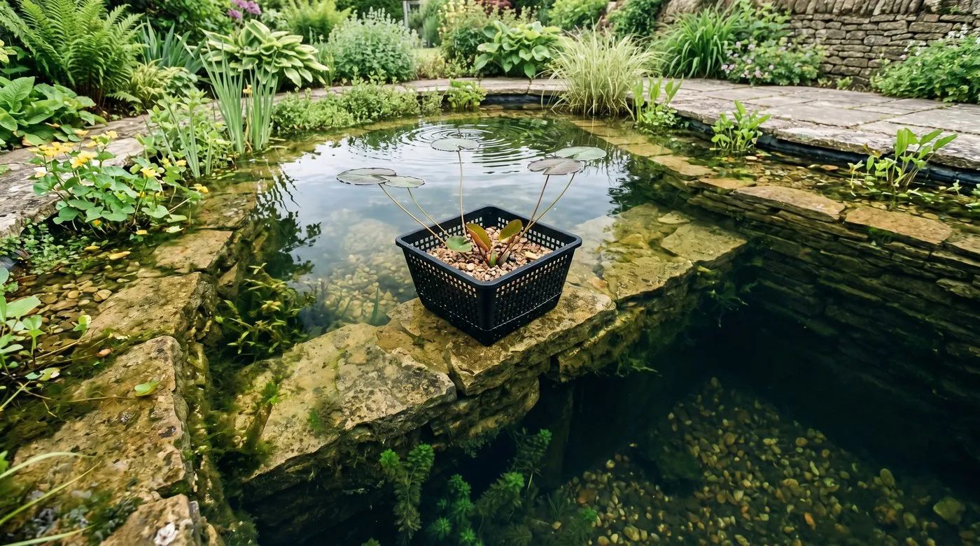 Water lily classes shown at different shelf depths in a clear garden pond