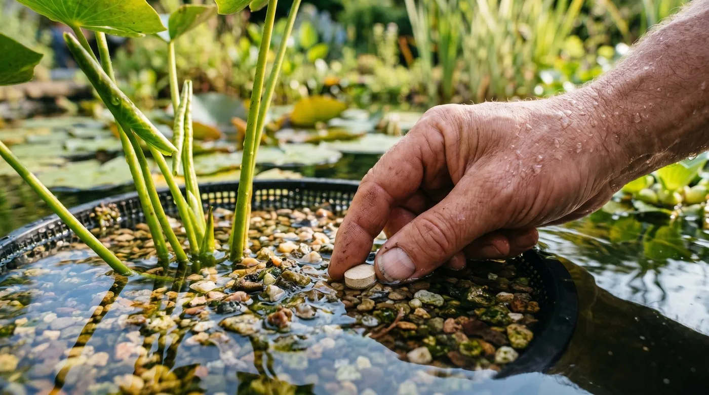 Close-up of a hand pushing an aquatic feed tablet into gravel-topped compost beside water lily stems