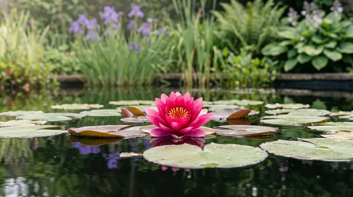 Pink water lily flowering on a UK garden pond with round pads spread across still water