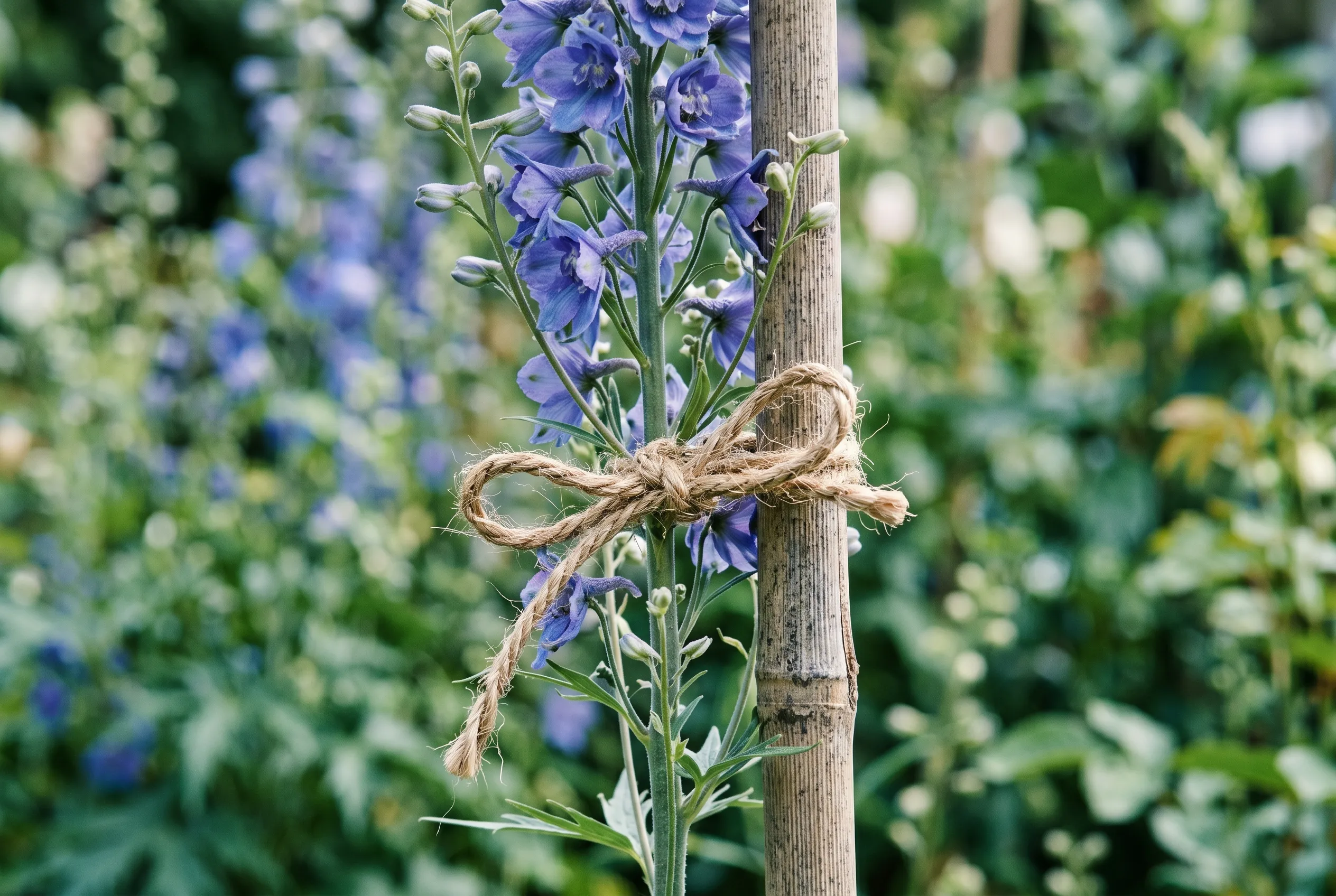 A single delphinium flower spike tied to a bamboo cane with a soft figure-of-eight twine tie, close detail of the knot