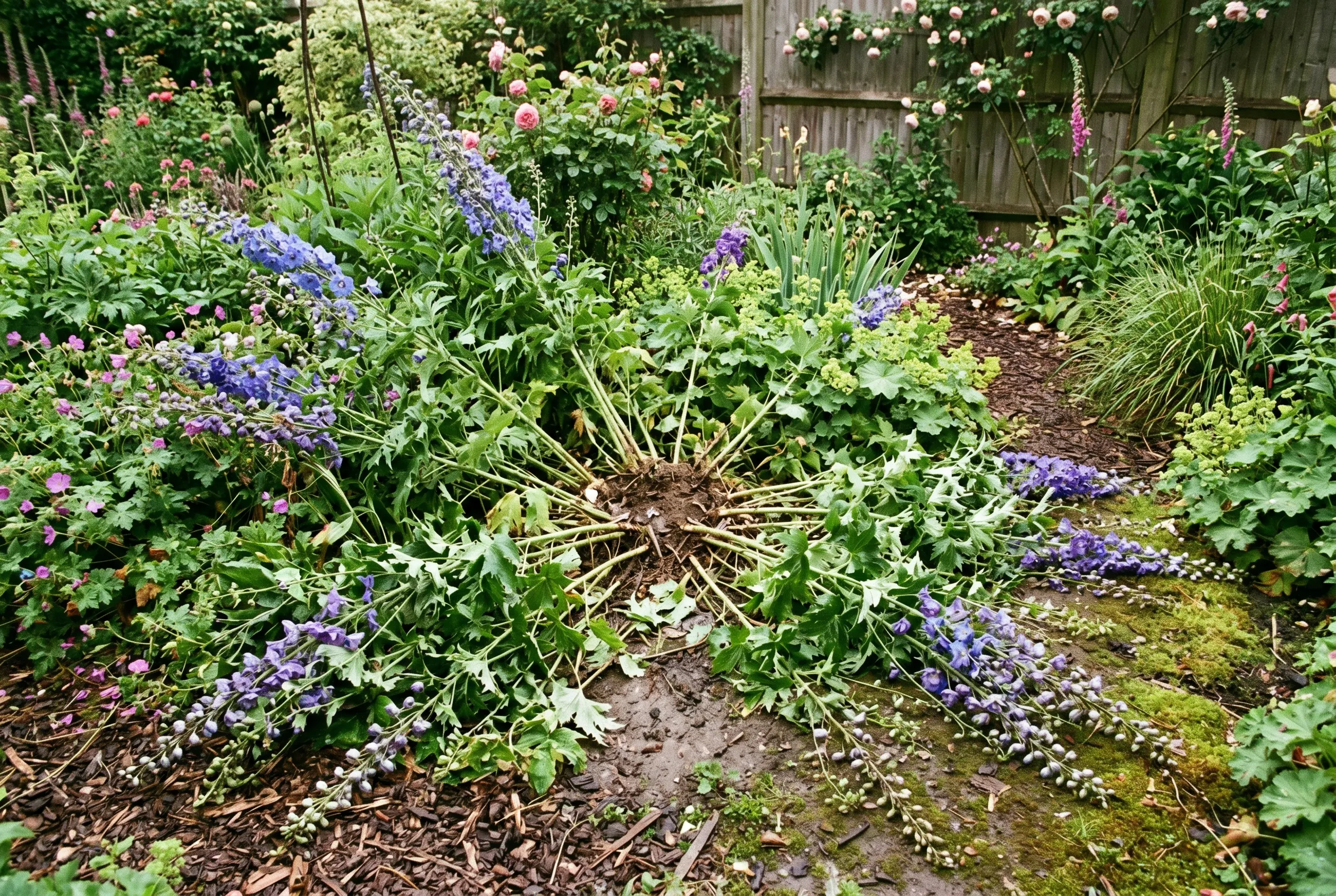A tall flowering perennial collapsed and splayed flat after heavy summer rain, leaving a bare gap in the centre