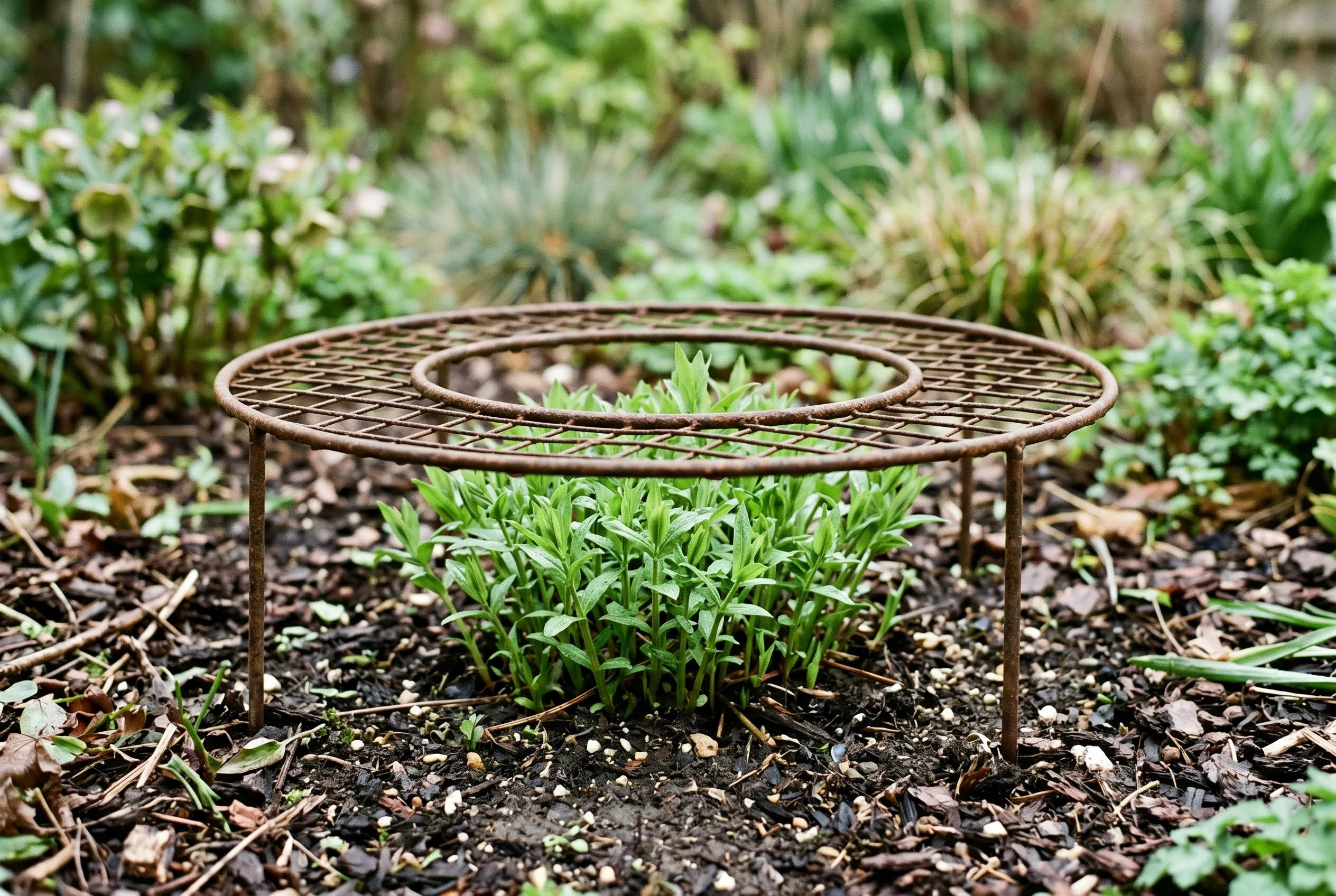 A circular metal grow-through support ring set low over emerging green perennial shoots in spring