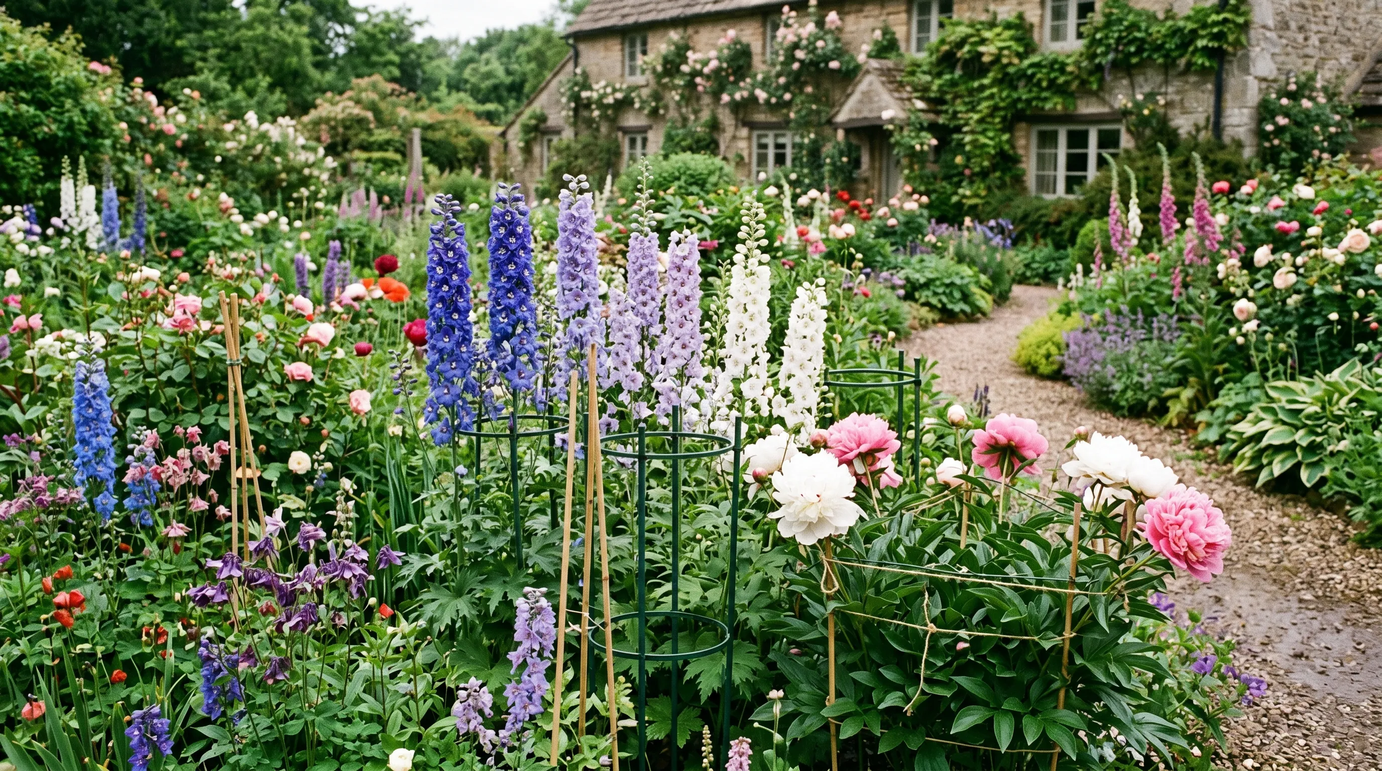 UK herbaceous border with tall delphiniums and peonies held upright by discreet plant supports in early summer