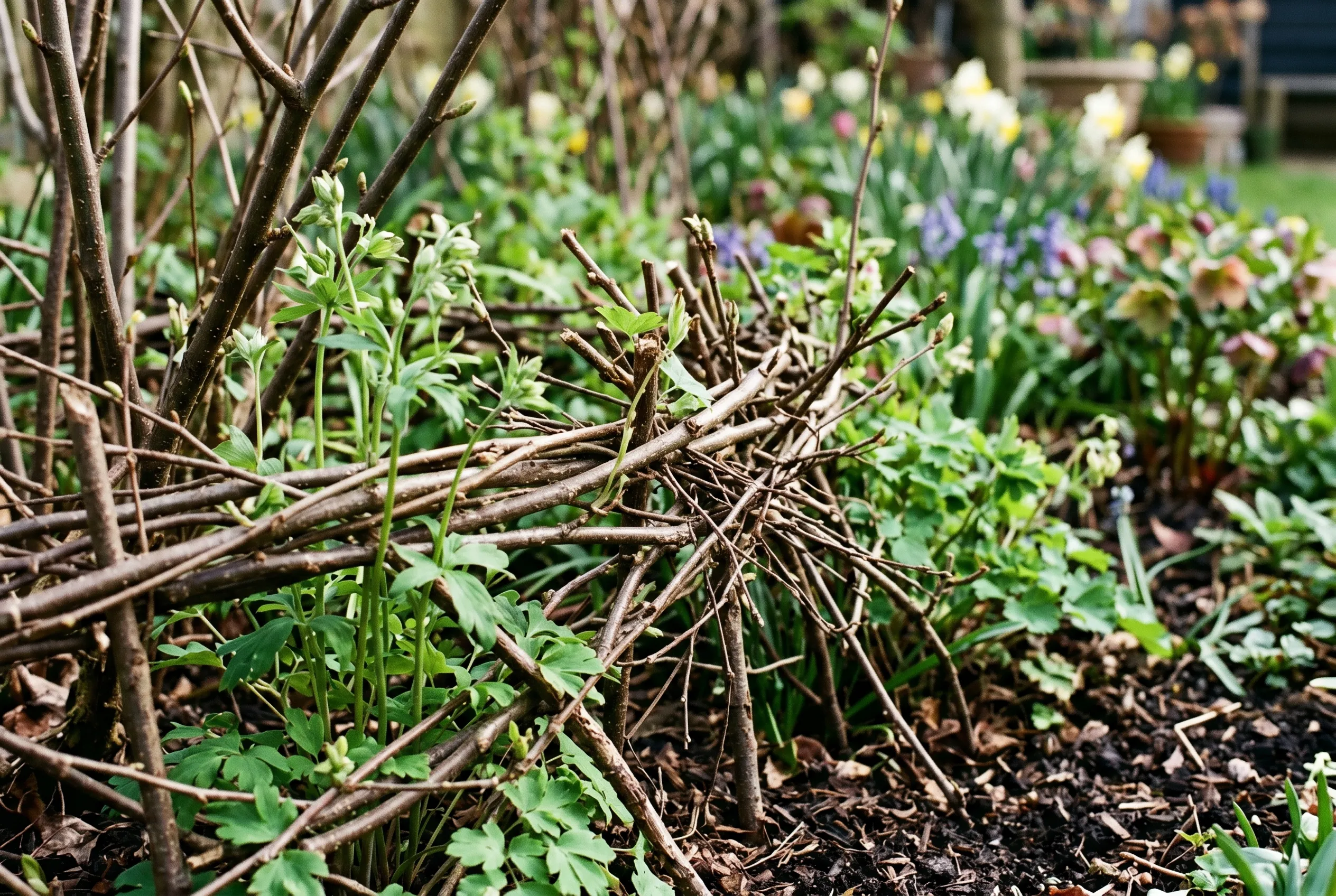 Twiggy hazel pea sticks pushed in among emerging green perennial foliage in a spring border as natural support