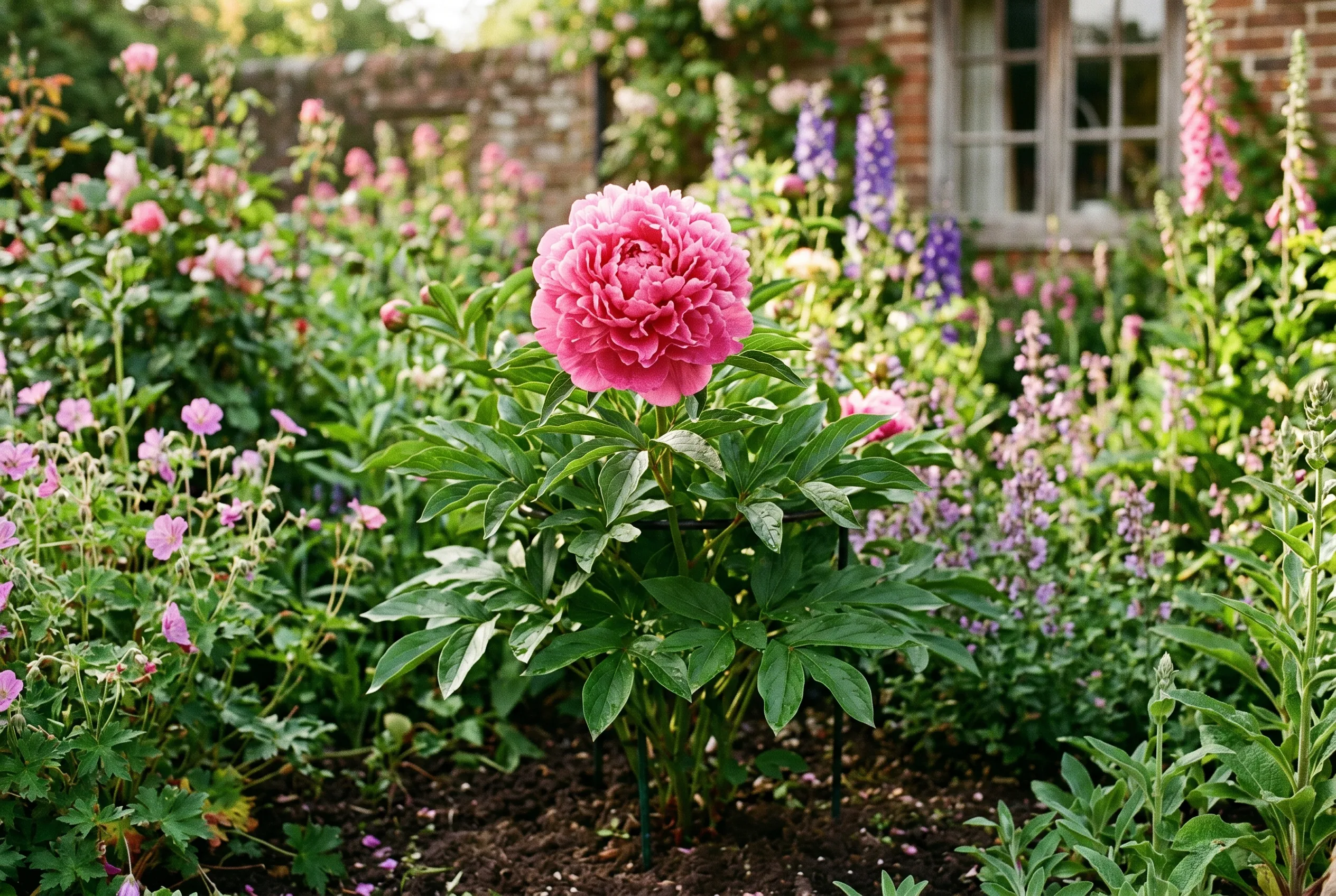 A large pink peony in full bloom standing upright in a UK cottage border with its support ring hidden by foliage