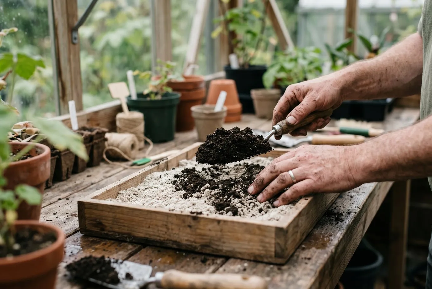 Hands mixing a scoop of fresh dark compost into a tray of cooled sterilised soil on a potting bench