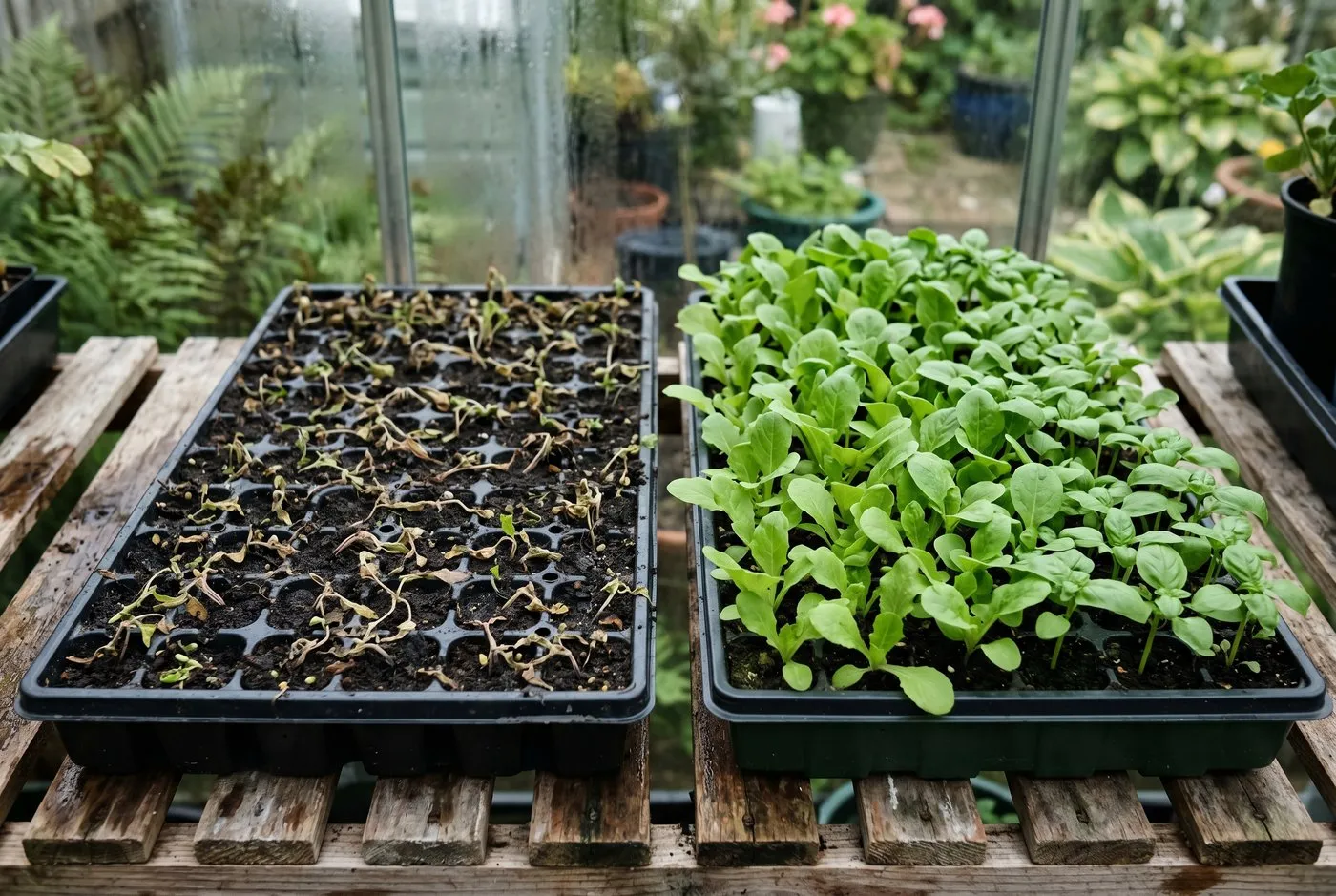 Trays of collapsed damping-off seedlings beside a tray of healthy green seedlings in a UK greenhouse