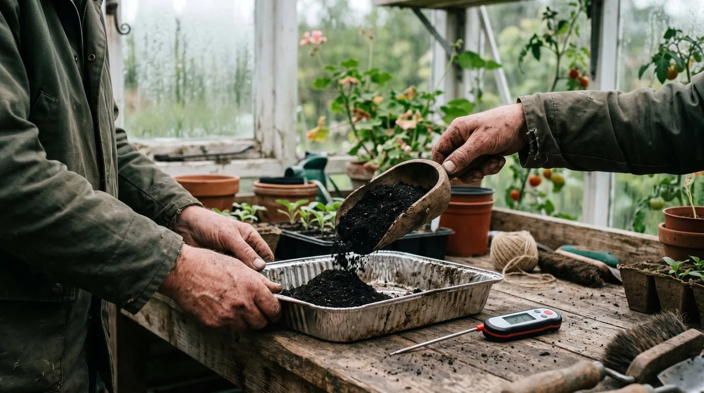 A UK gardener tipping dark sieved compost into a foil oven tray beside a meat thermometer on a potting bench