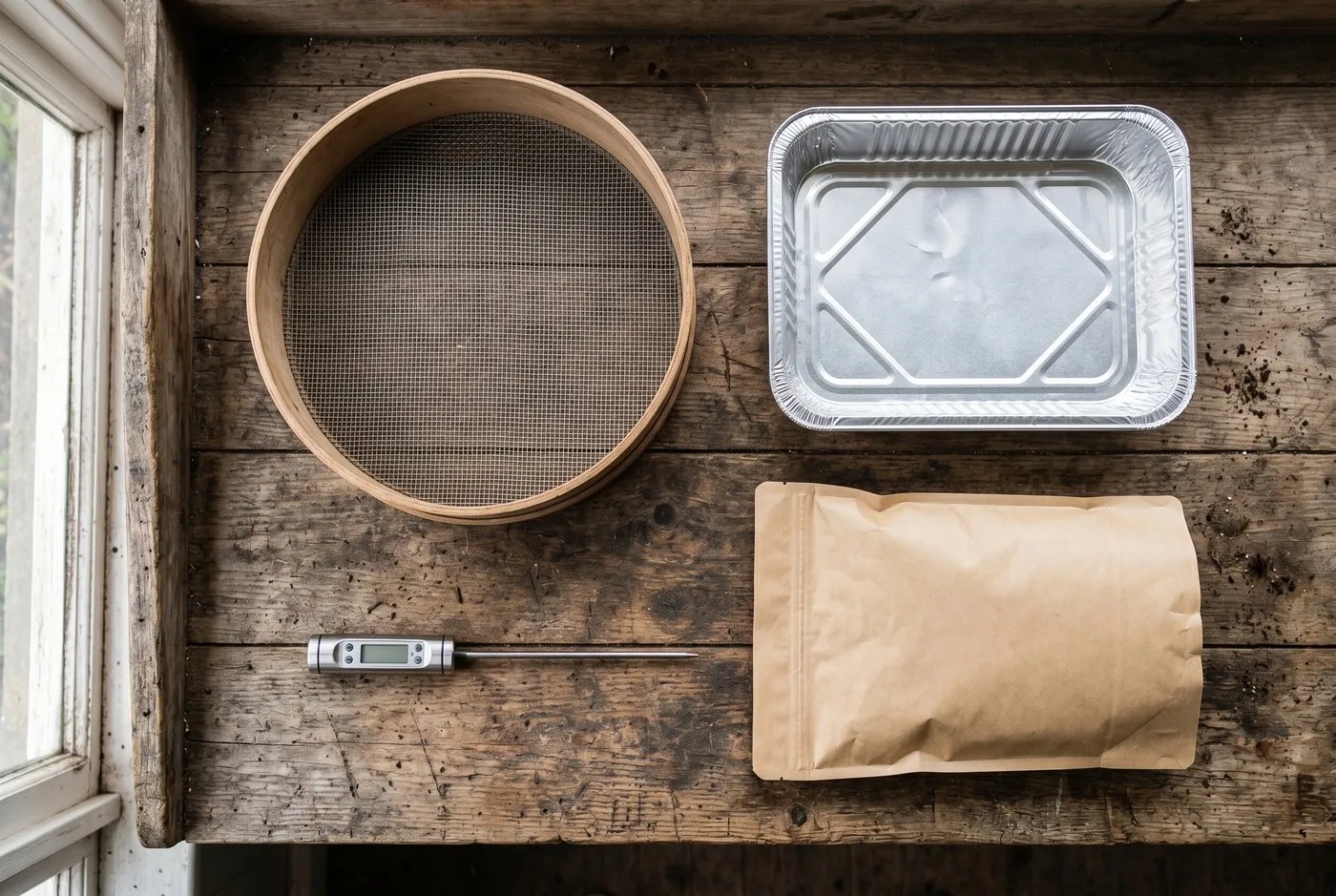 Foil tray, sieve, thermometer and bagged compost arranged on a weathered potting bench as a method flat-lay