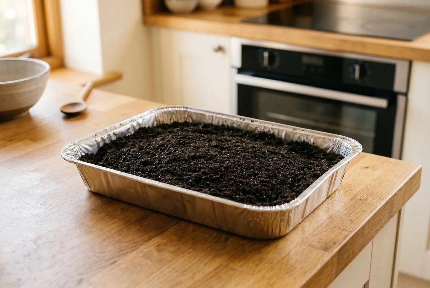 Moist dark compost spread evenly in a foil roasting tray ready to go into a domestic oven