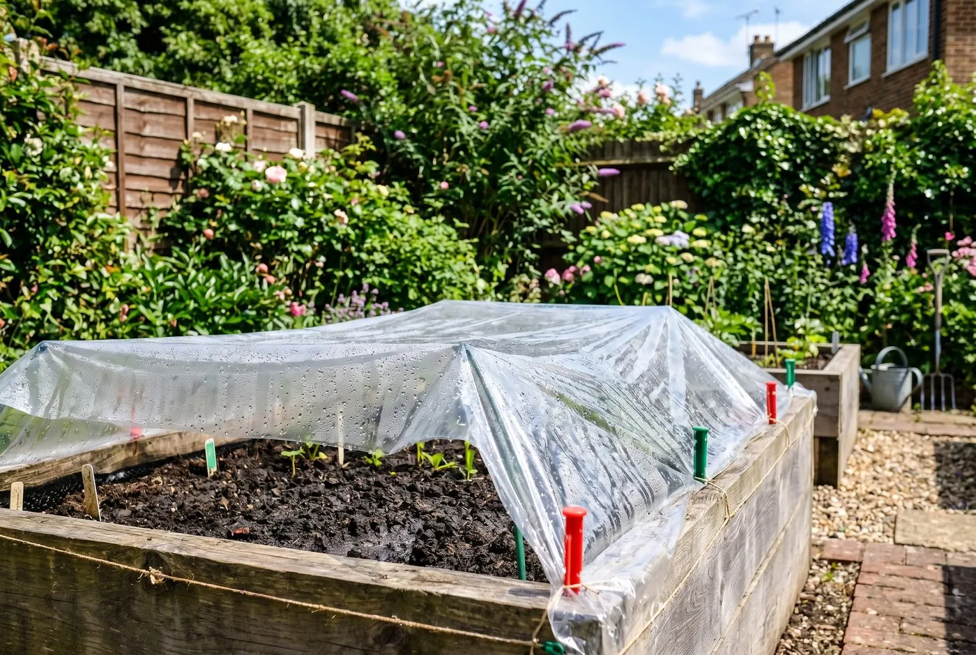 Clear polythene stretched tight over a moist soil bed in full summer sun in a UK back garden