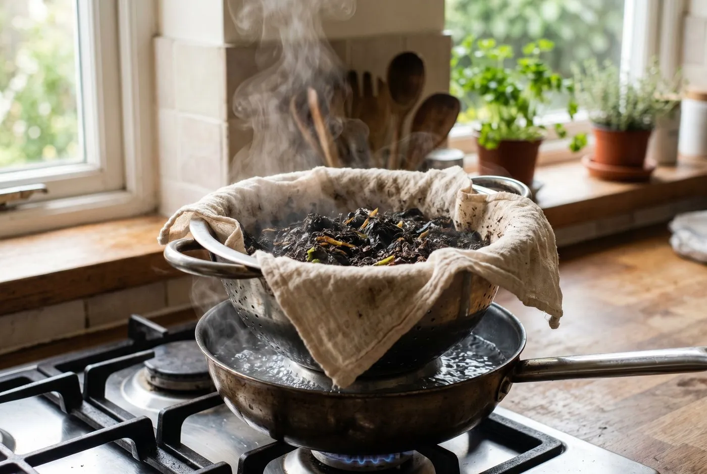 Compost steaming in a cloth-lined colander above a pan of boiling water on a UK kitchen hob