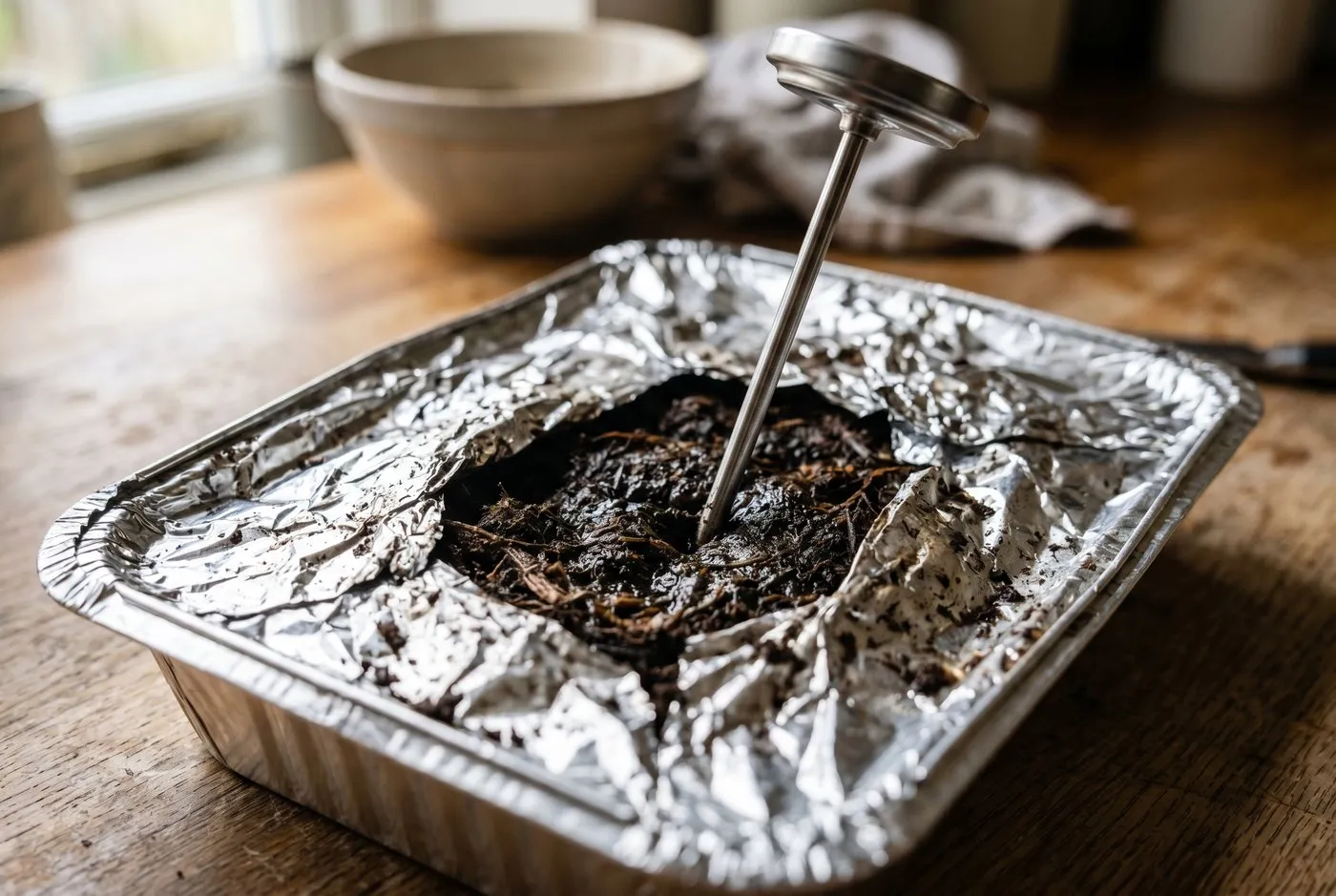A meat thermometer reading 82 degrees pushed into the centre of moist compost in a covered foil tray