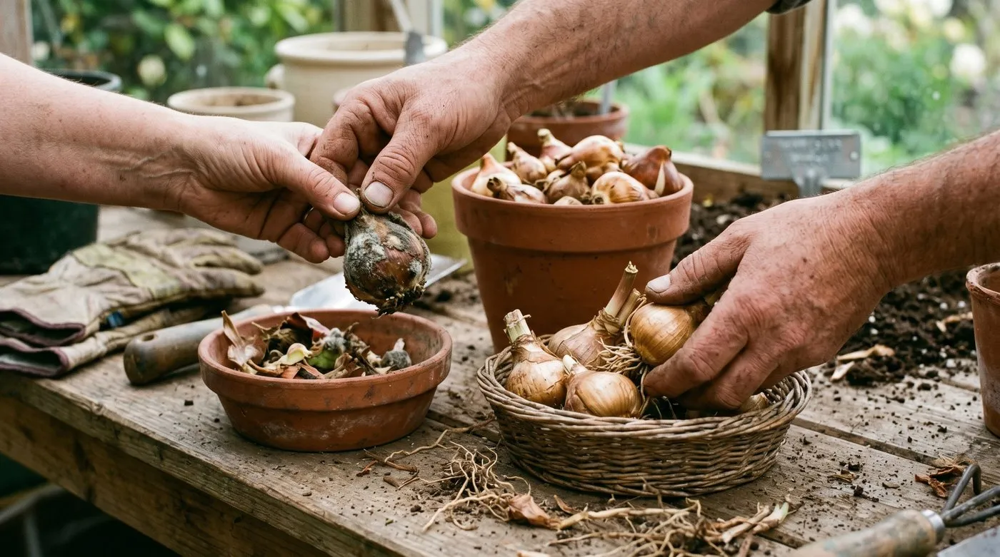 Cleaned flower bulbs being sorted by hand, with soft and mouldy ones set aside and the sound ones kept for storage