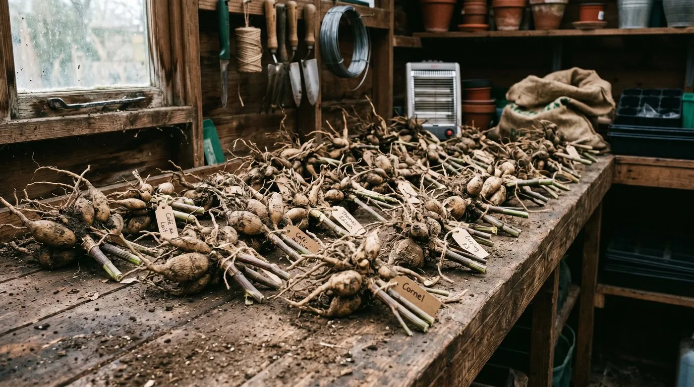 Dahlia tubers turned upside down on a bench in a frost-free shed, curing and draining before storage
