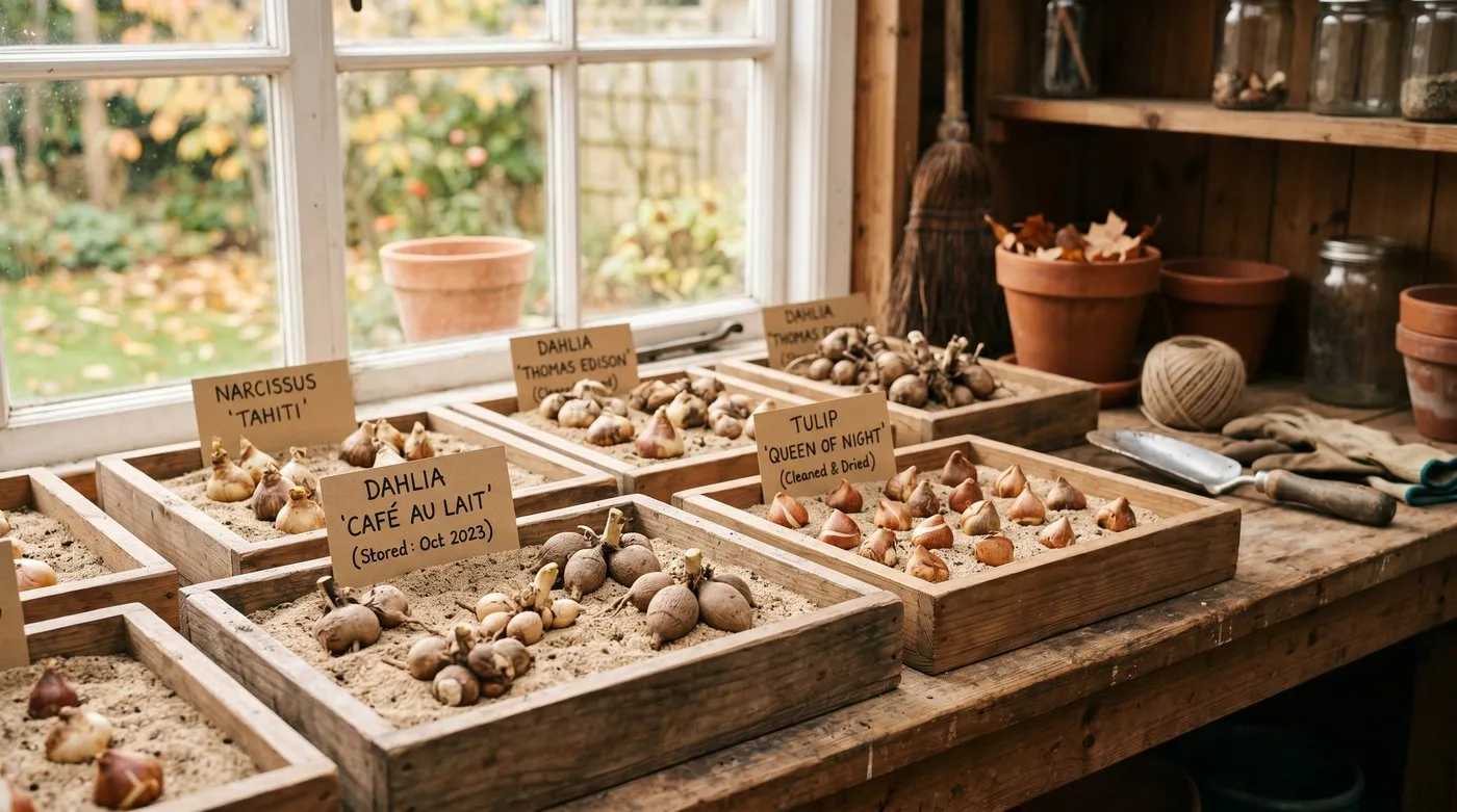 Cleaned and dried flower bulbs and dahlia tubers stored in labelled wooden trays for winter
