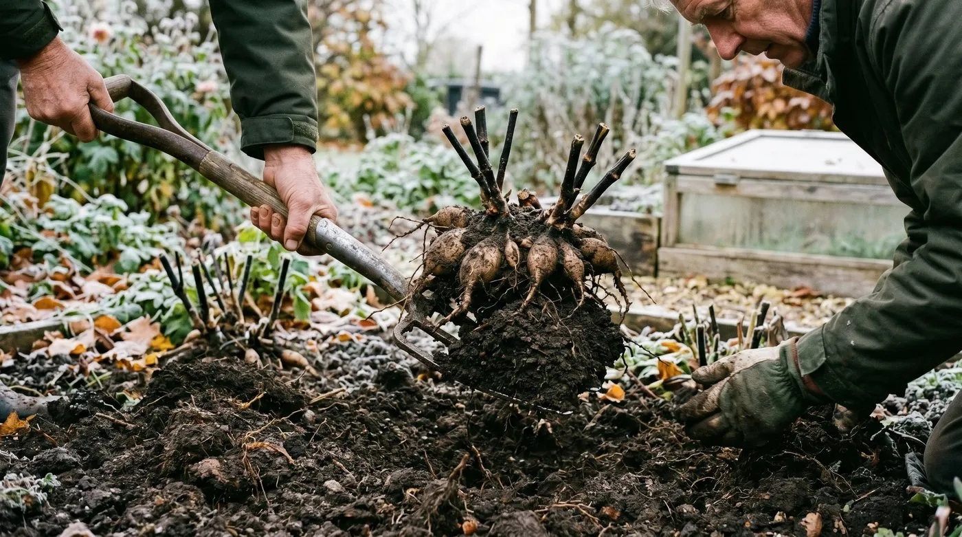 A garden fork lifting a clump of dahlia tubers from the soil after the first autumn frost, stems cut back