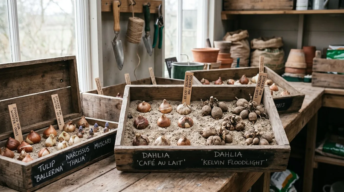 Flower bulbs and dahlia tubers packed in dry sand in open labelled wooden trays, not touching, for winter storage
