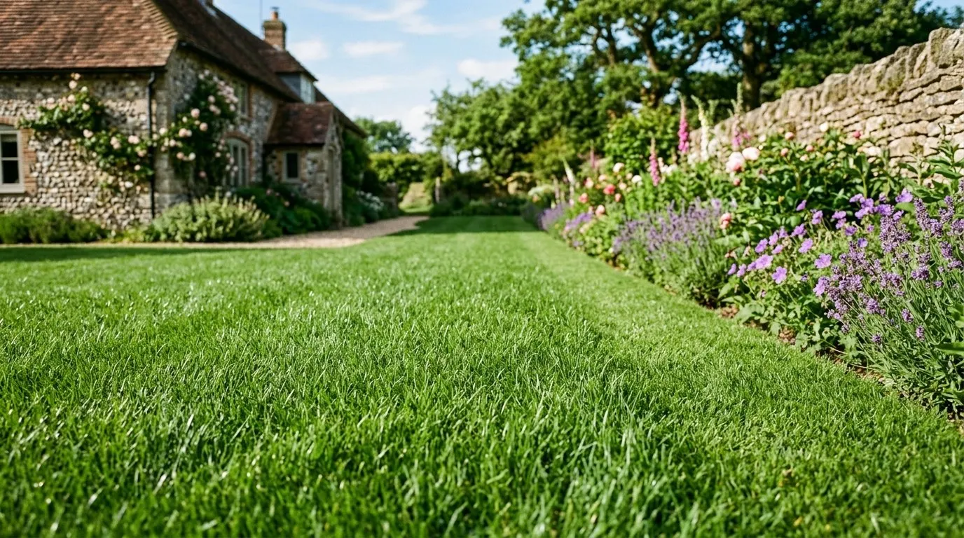 A perfect lush green UK domestic lawn six weeks after top-dressing
