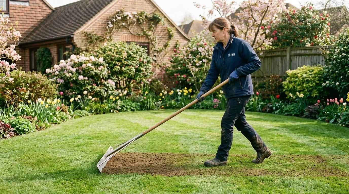 Gardener spreading top-dressing mix across UK lawn with steel landscaping lute
