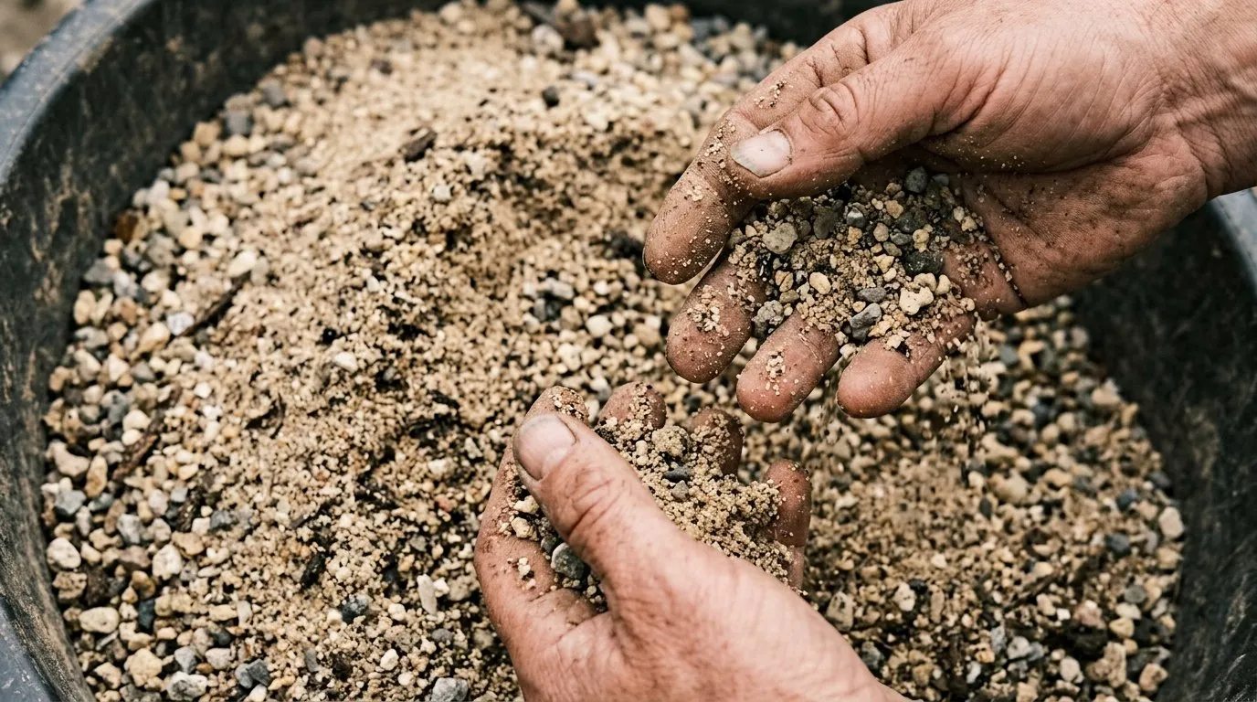 Heap of UK lawn top-dressing mix with hands sifting it through fingers