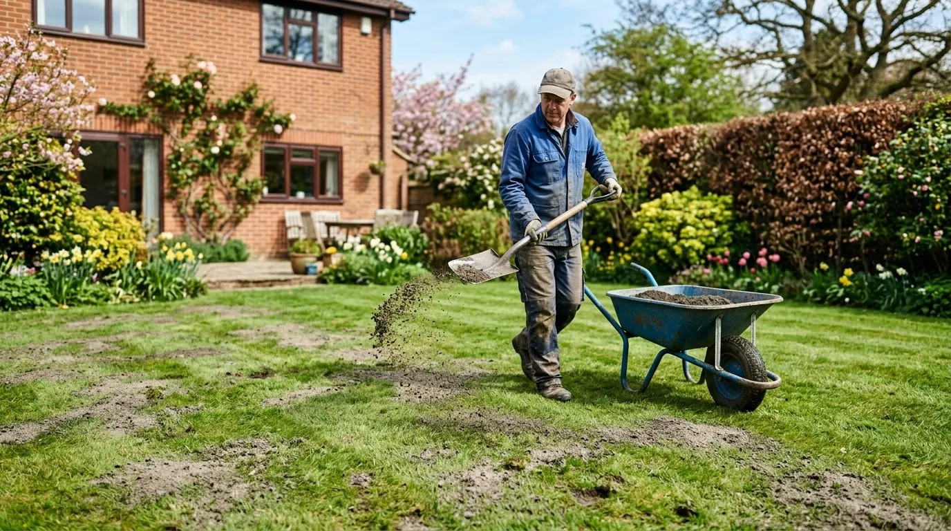 Lawn with top-dressing being spread by a person broadcasting from a wheelbarrow