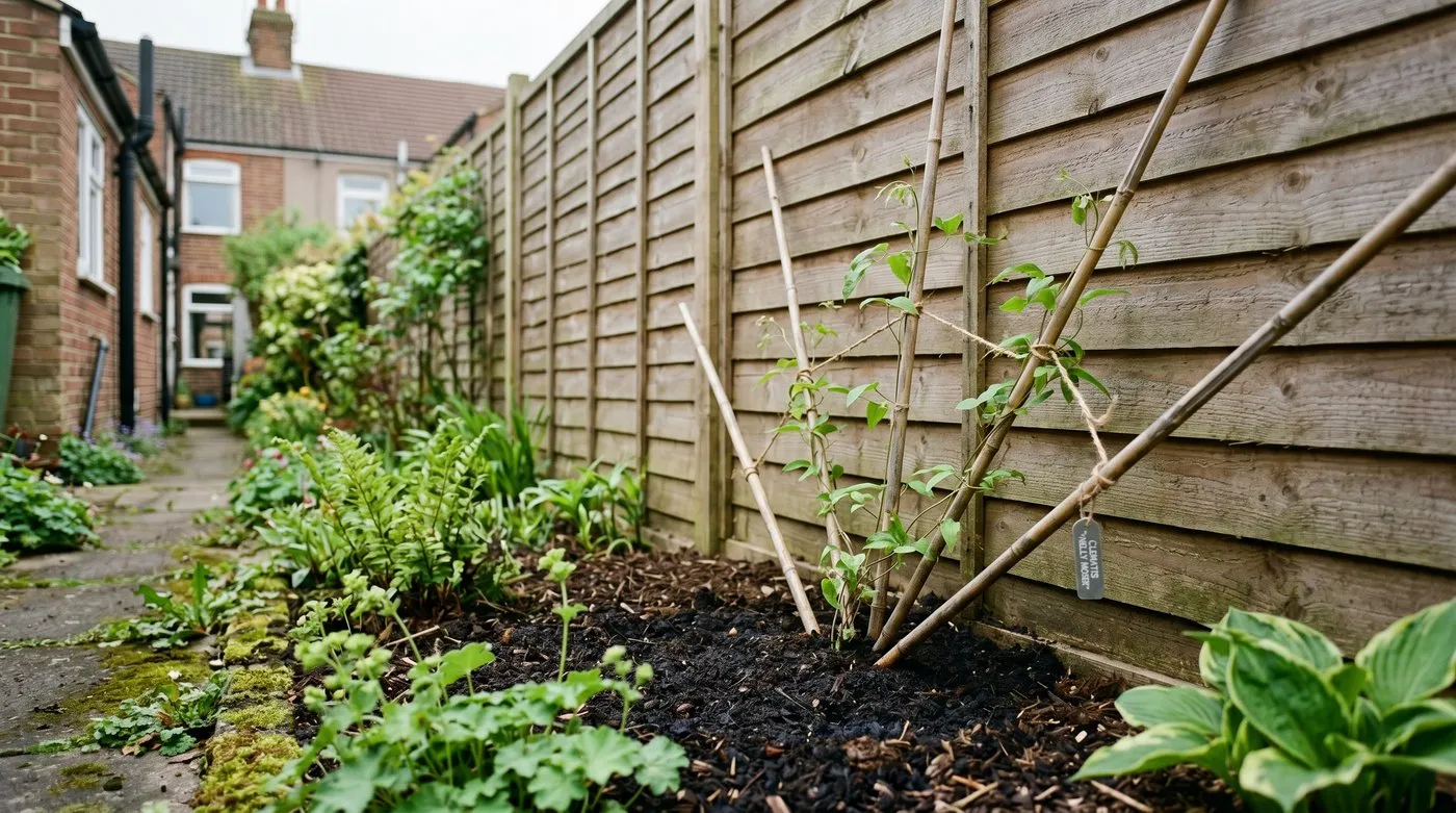 Young clematis spread across angled bamboo canes against a larch-lap fence in a terraced garden
